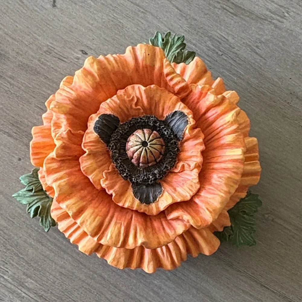 Orange Floral Home Accent trinket box EUC